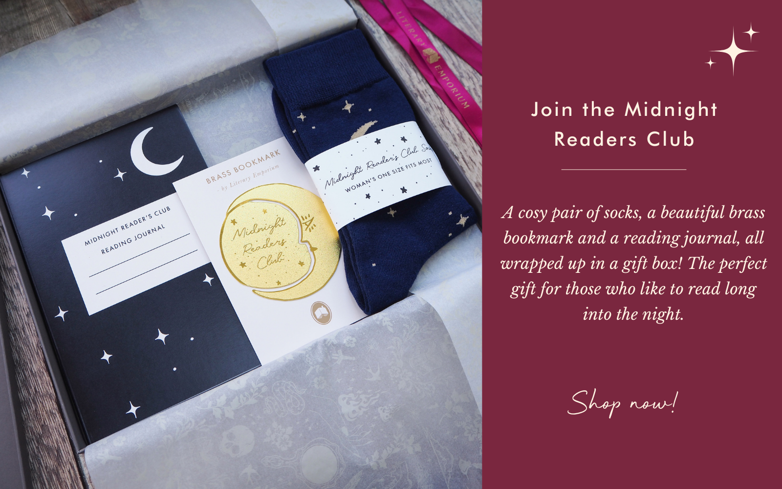 Midnight Readers Club - A gift box for book lovers containing socks, brass bookmark and reading journal