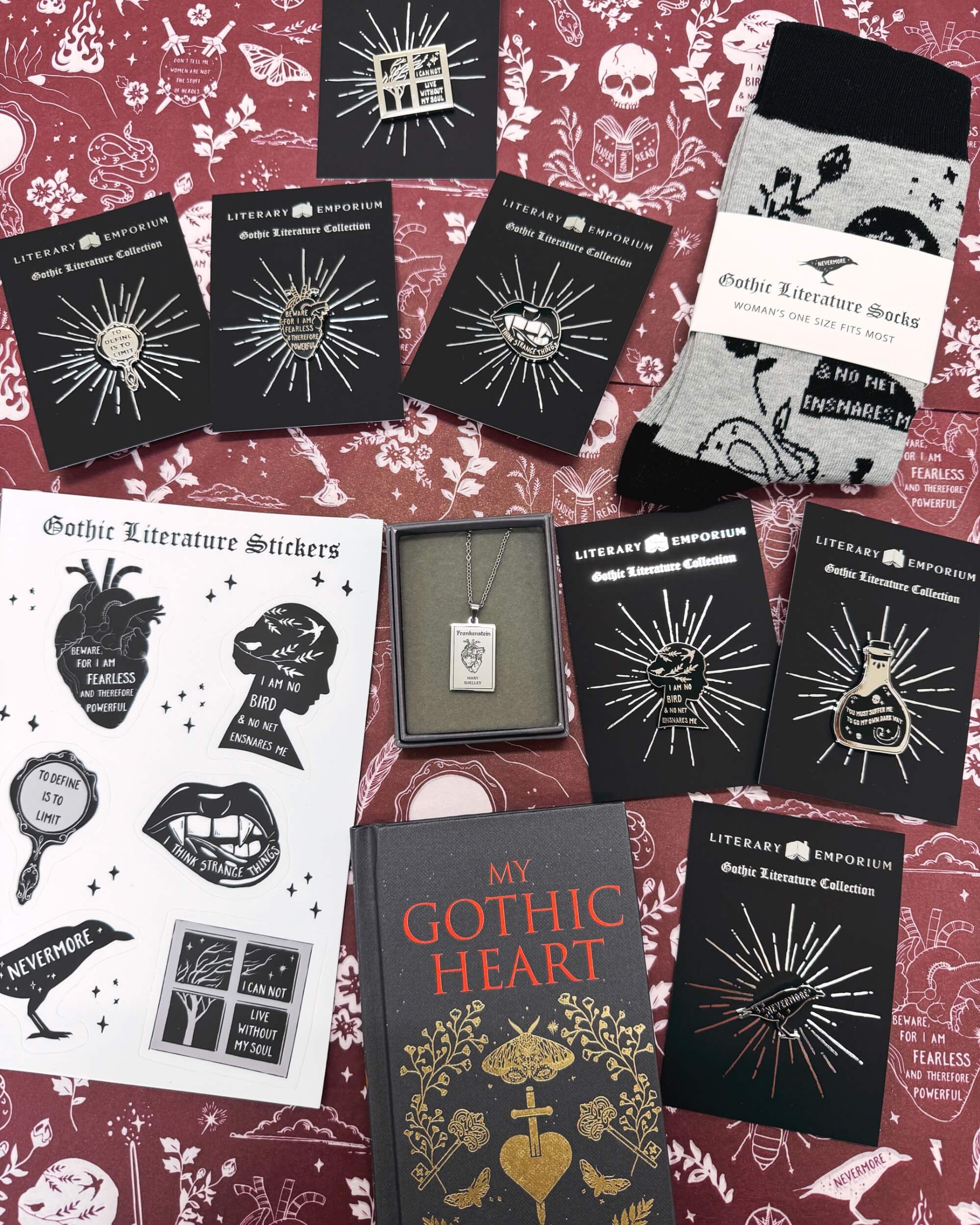 Gothic Literature Gifts for Book Lover - Socks, Enamel Pins, Jewellery and Stickers
