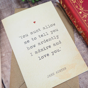 Pride and Predjudice Literature Valentines Card - Jane Austen Quote